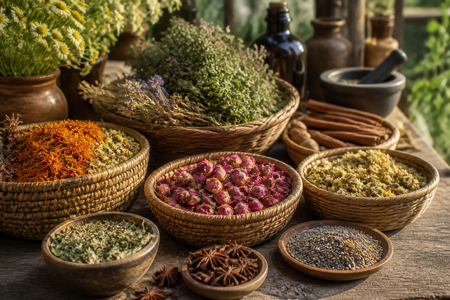 Fresh organic herbs and botanical harvest at SoulFeastbron farm